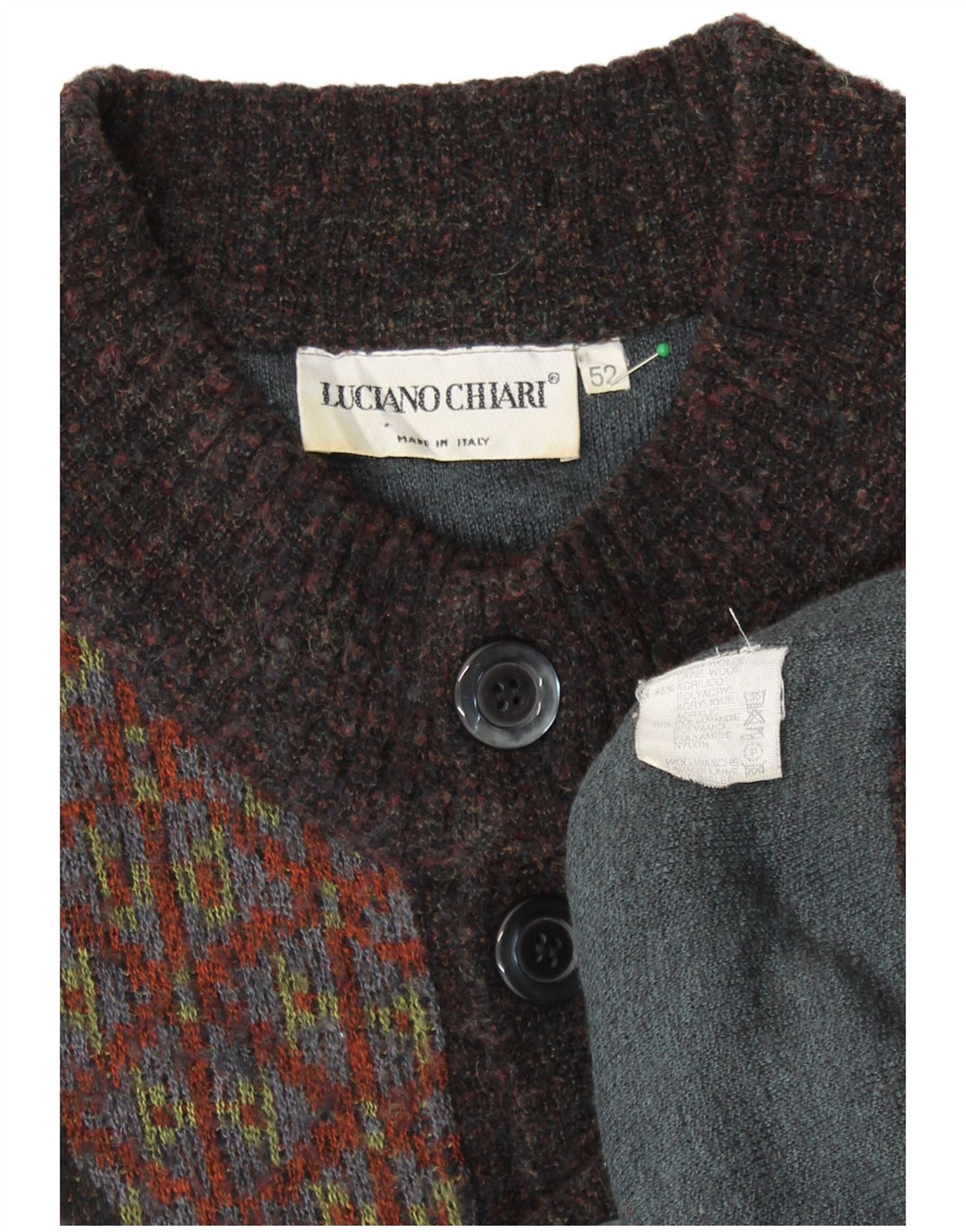 LUCIANO CHIARI Maglione Cardigan Uomo IT 52 Large Marrone Patchwork Lana