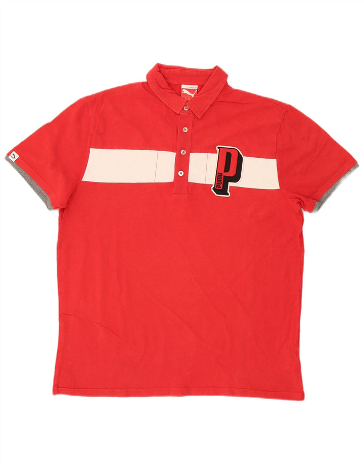 PUMA Mens Graphic Polo Shirt Large Red Colourblock Cotton
