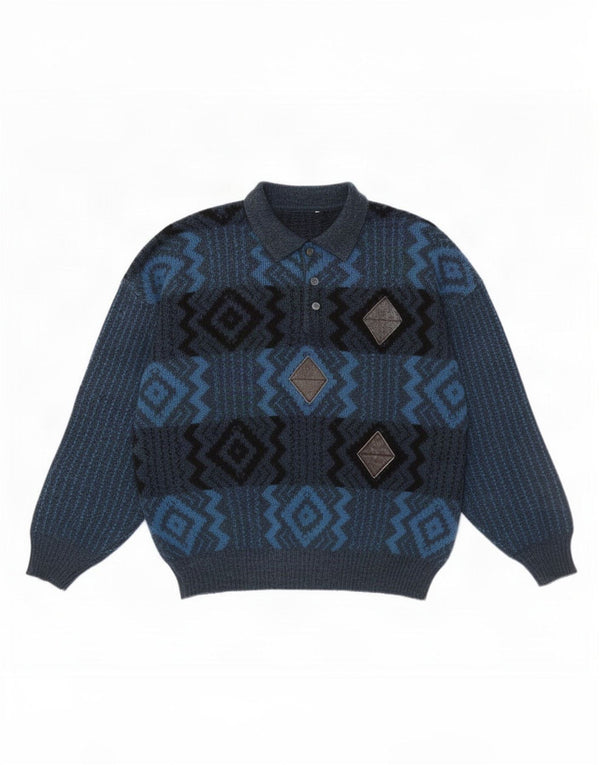 Maglione vintage da uomo con collo a polo, grande, in lana geometrica blu navy