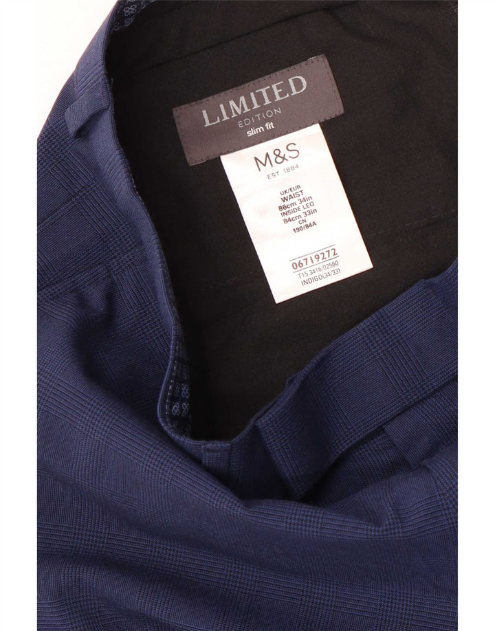 Pantaloni da abito slim fit da uomo Marks & Spencer W34 L33 pied de poule blu
