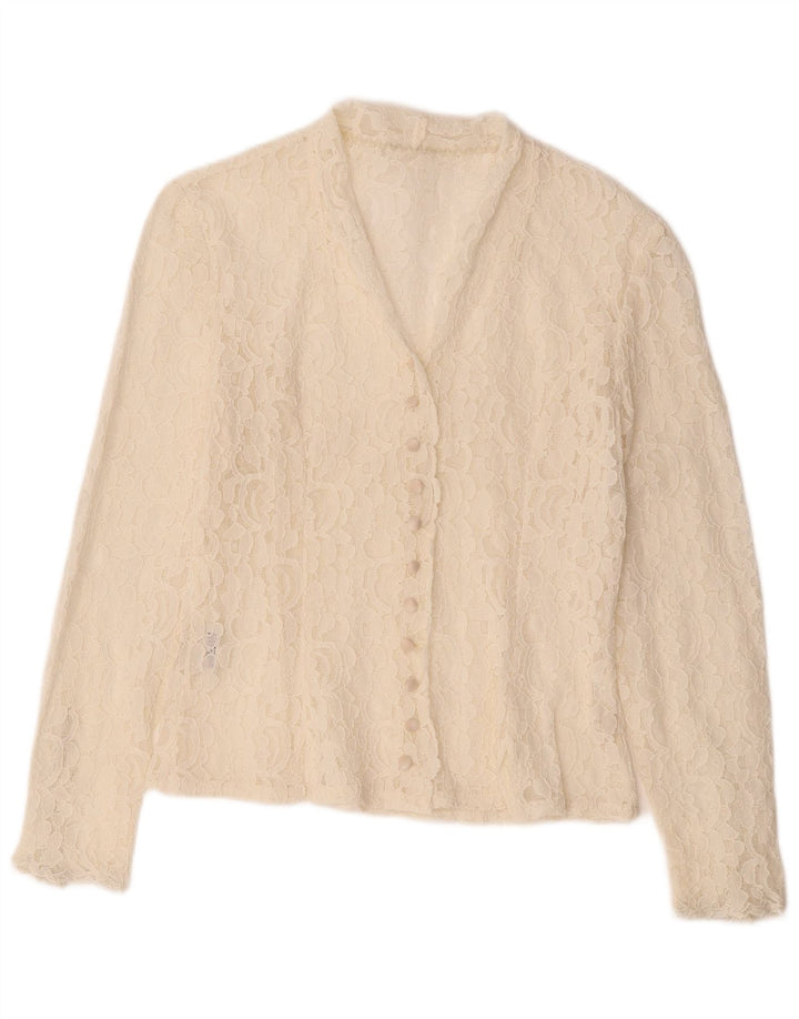 Camicetta camicia vintage da donna UK 12 floreale bianco medio