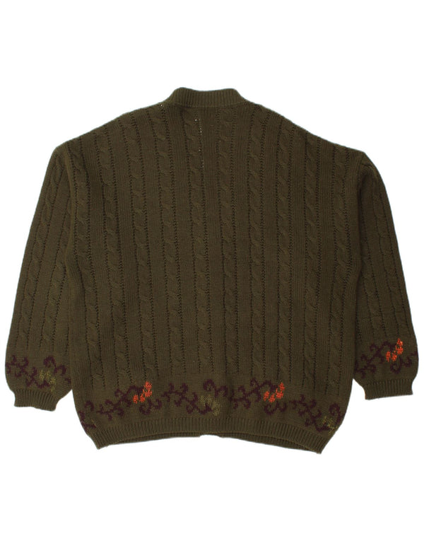 Maglione cardigan oversize da donna vintage UK 16 grande lana kaki Paisley