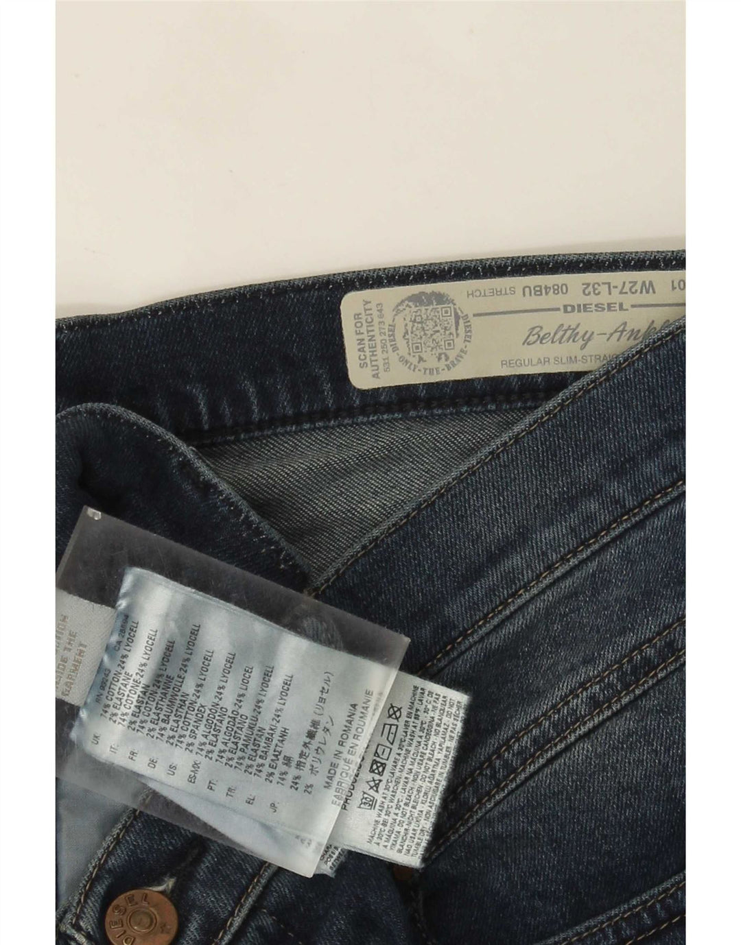 Jeans dritti slim regolari da donna Diesel con cintura e caviglia W27 L27 cotone blu