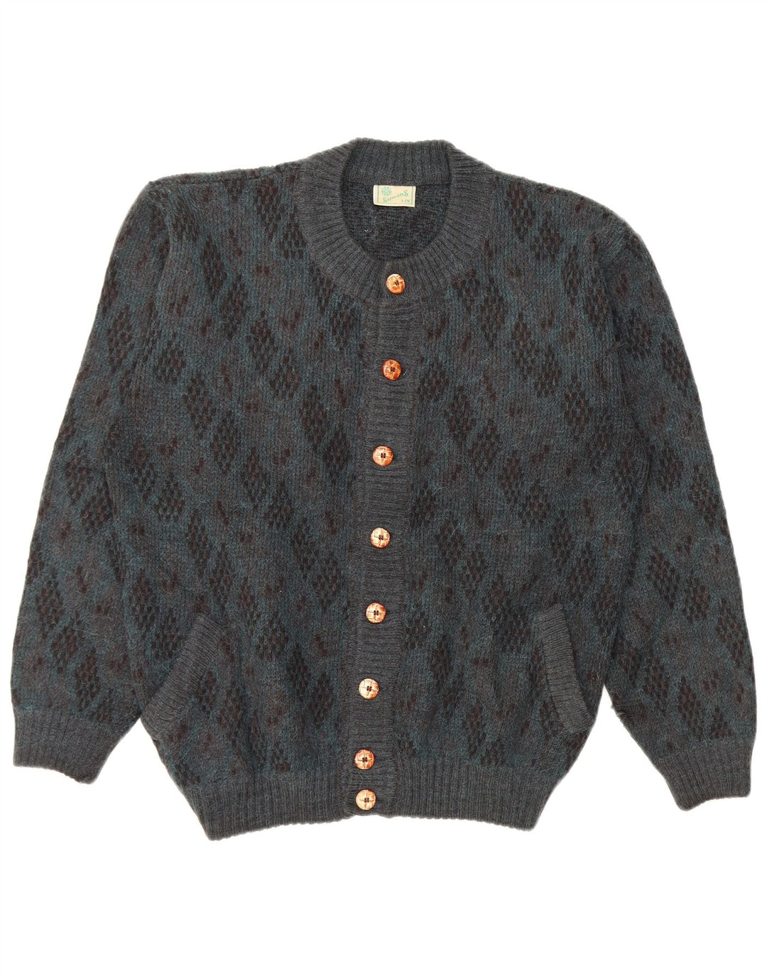 Maglione cardigan da uomo vintage grande lana di alpaca blu Argyle/diamante