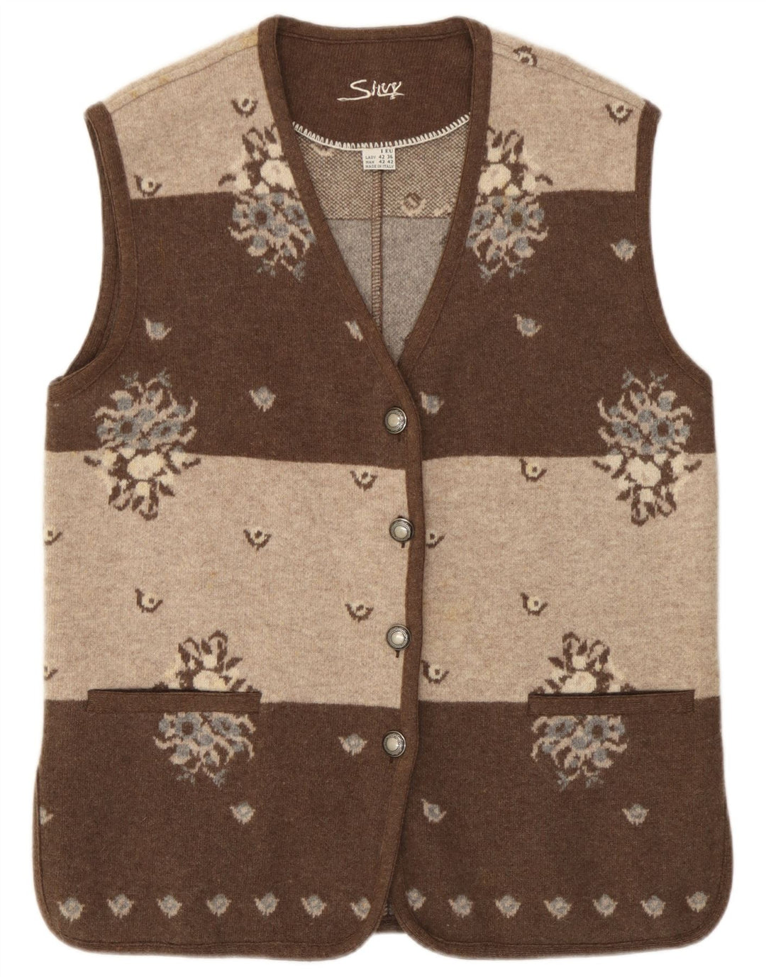Maglione cardigan senza maniche da donna Silvy IT 42 Lana floreale marrone medio
