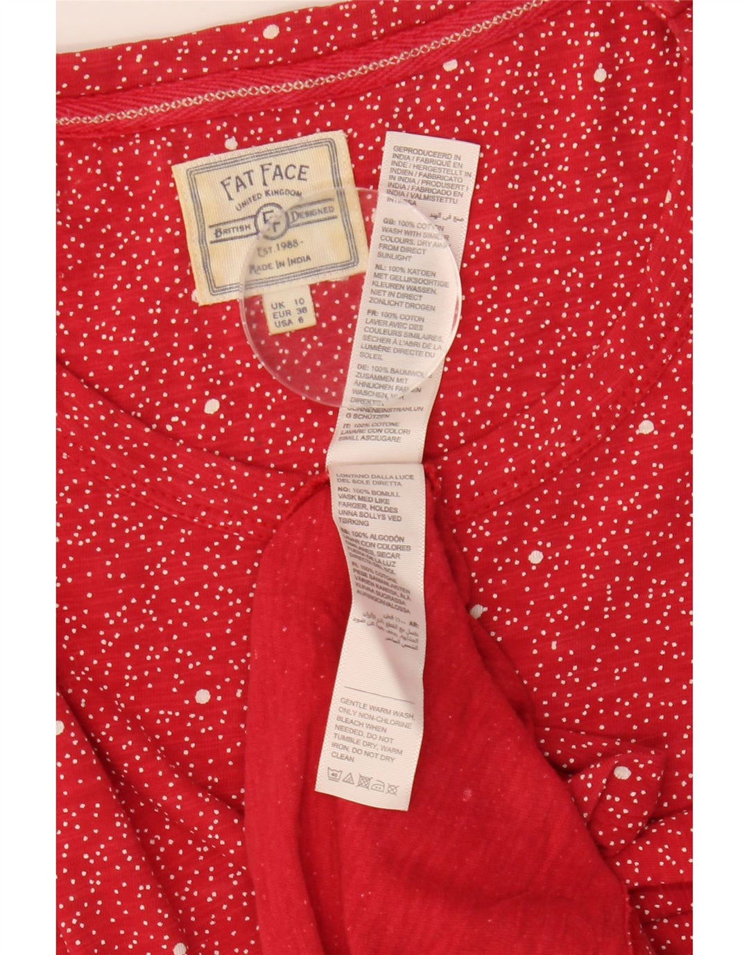 FAT FACE T-shirt da donna Top UK 10 piccolo cotone maculato rosso