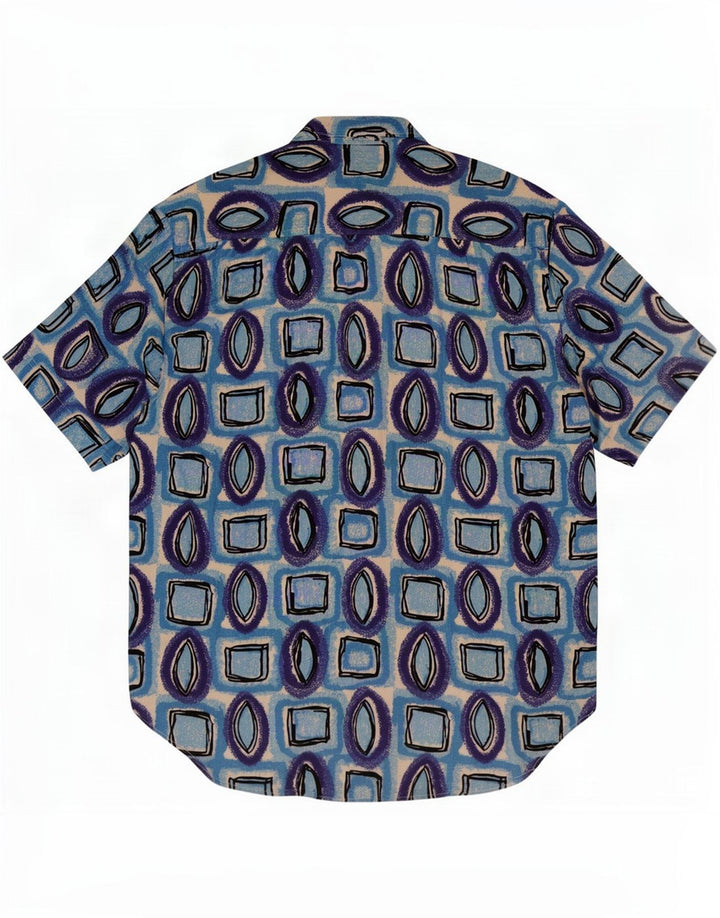 Camicia vintage da uomo a maniche corte in viscosa geometrica blu medio