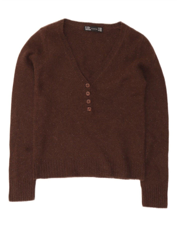 Maglione corto con scollo a V da donna Zara UK 12 Lana marrone medio