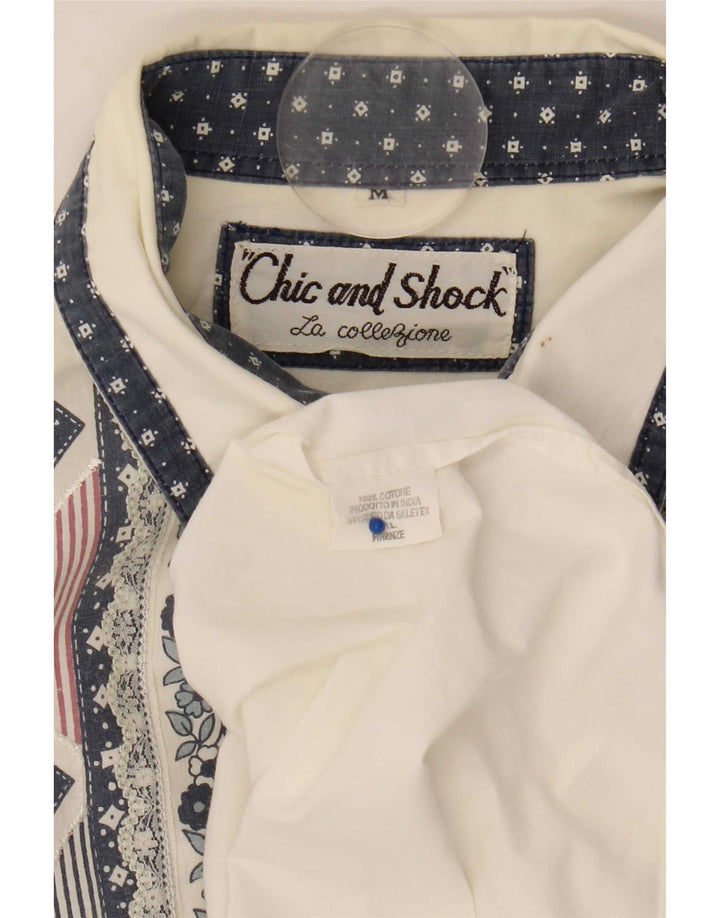 Camicetta camicia oversize da donna vintage UK 14 Cotone geometrico bianco medio