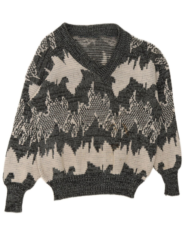 Maglione da uomo vintage con motivo astratto con scollo a V, grigio medio geometrico