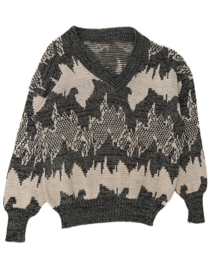 Maglione da uomo vintage con motivo astratto con scollo a V, grigio medio geometrico