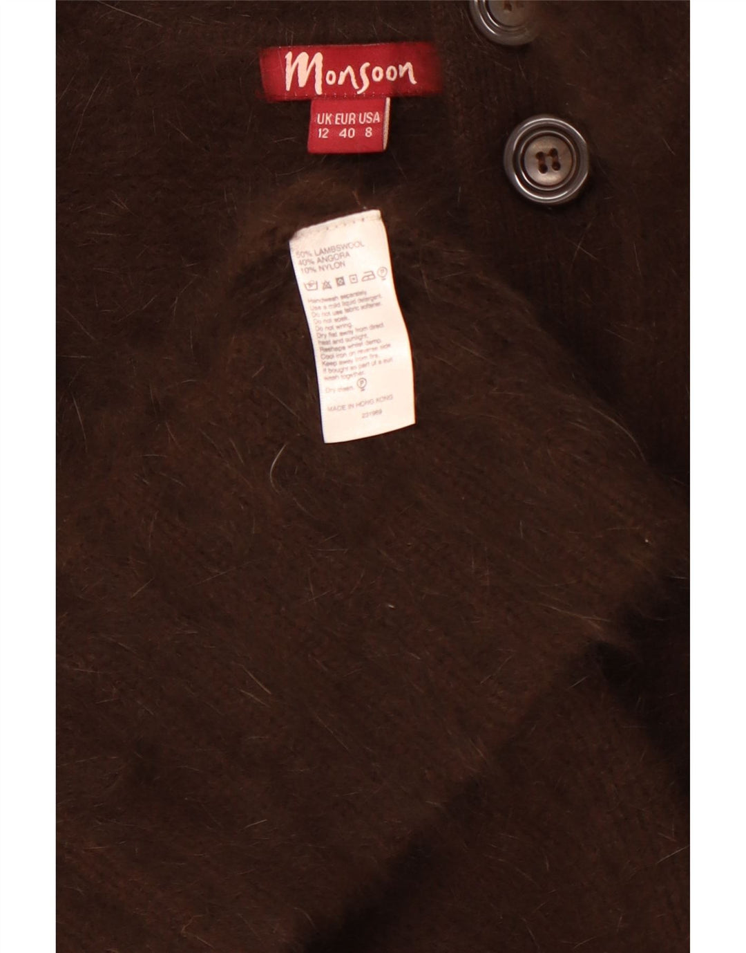 MONSOON Maglione cardigan lungo da donna UK 12 Lana d'agnello marrone medio