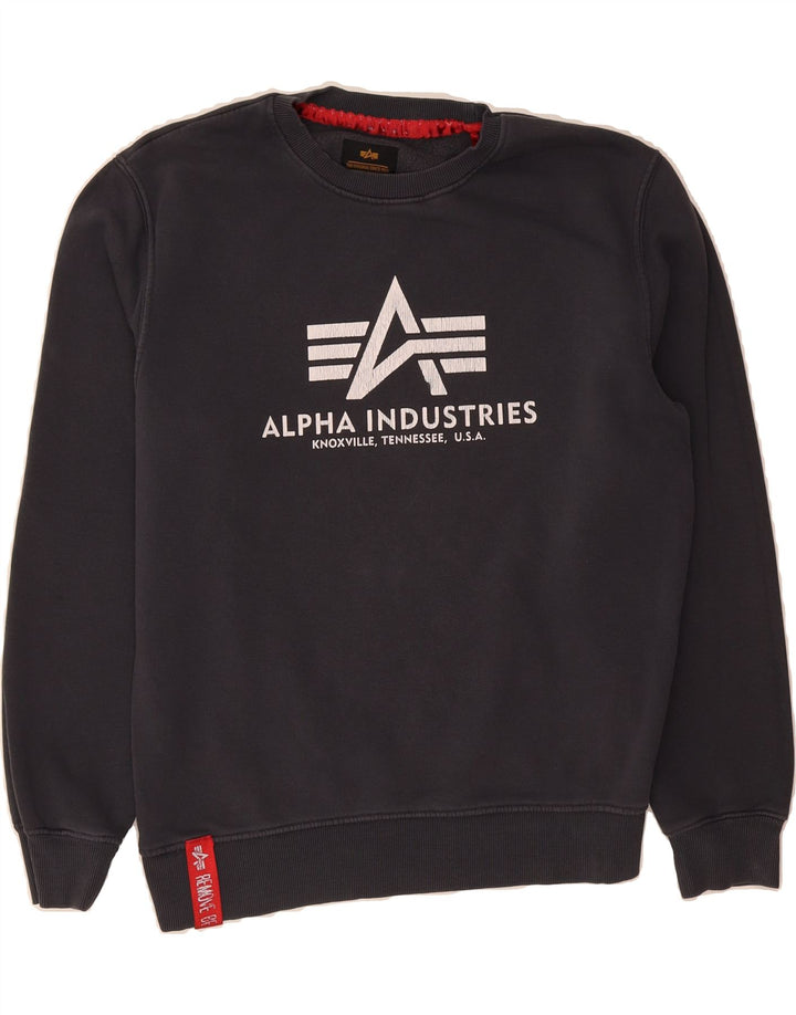 ALPHA INDUSTRIES Mens Graphic Sweatshirt Jumper Medium Navy Blue Cotton Vintage Alpha Industries and Second-Hand Alpha Industries from Messina Hembry 
