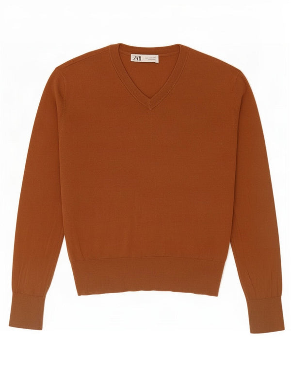 Maglione Zara da donna con scollo a V UK 10 piccolo cotone marrone
