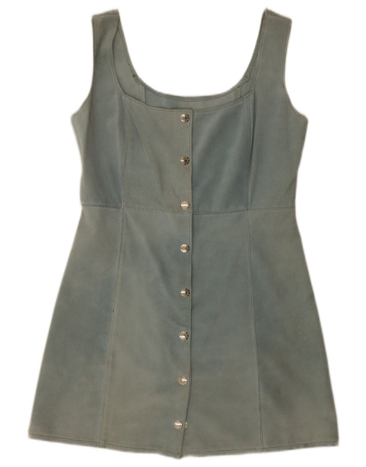 Top tunica senza maniche in pelle scamosciata vintage da donna UK 12 in pelle blu medio