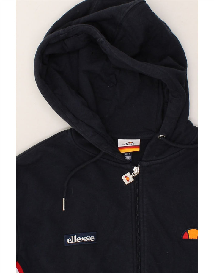 ELLESSE Womens Crop Zip Hoodie Sweater US 8 Medium Navy Blue Cotton Vintage Ellesse and Second-Hand Ellesse from Messina Hembry 