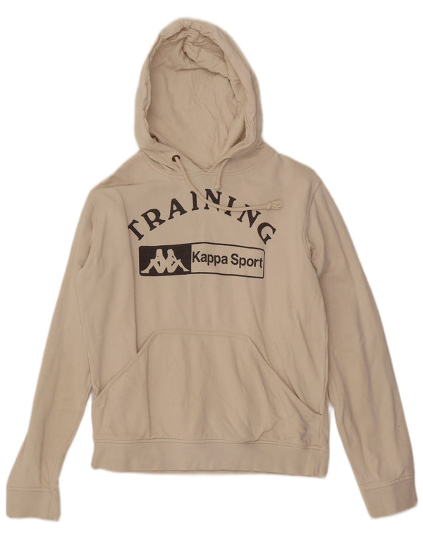 Felpa con cappuccio grafica da allenamento KAPPA da donna UK 14 cotone bianco sporco medio