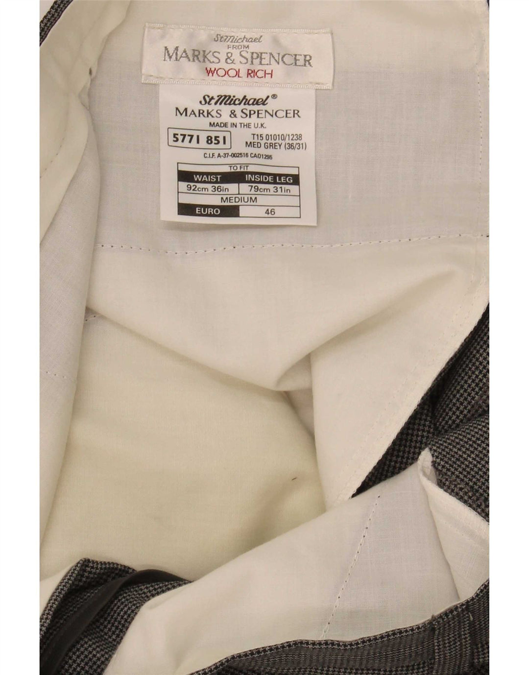 Pantaloni da completo da uomo Marks & Spencer St. Michael W36 L31 pied de poule grigio