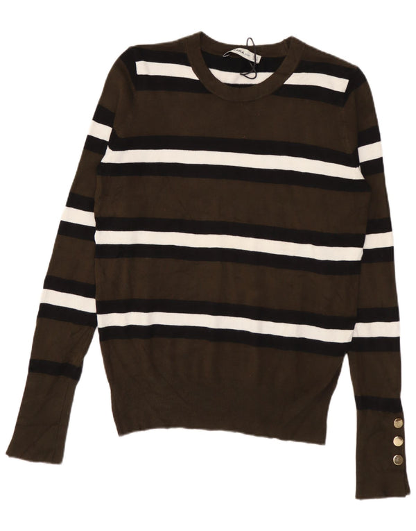 Zara Womens Boat Neck Jumper Sweater UK 10 Small Khaki Striped Viscose