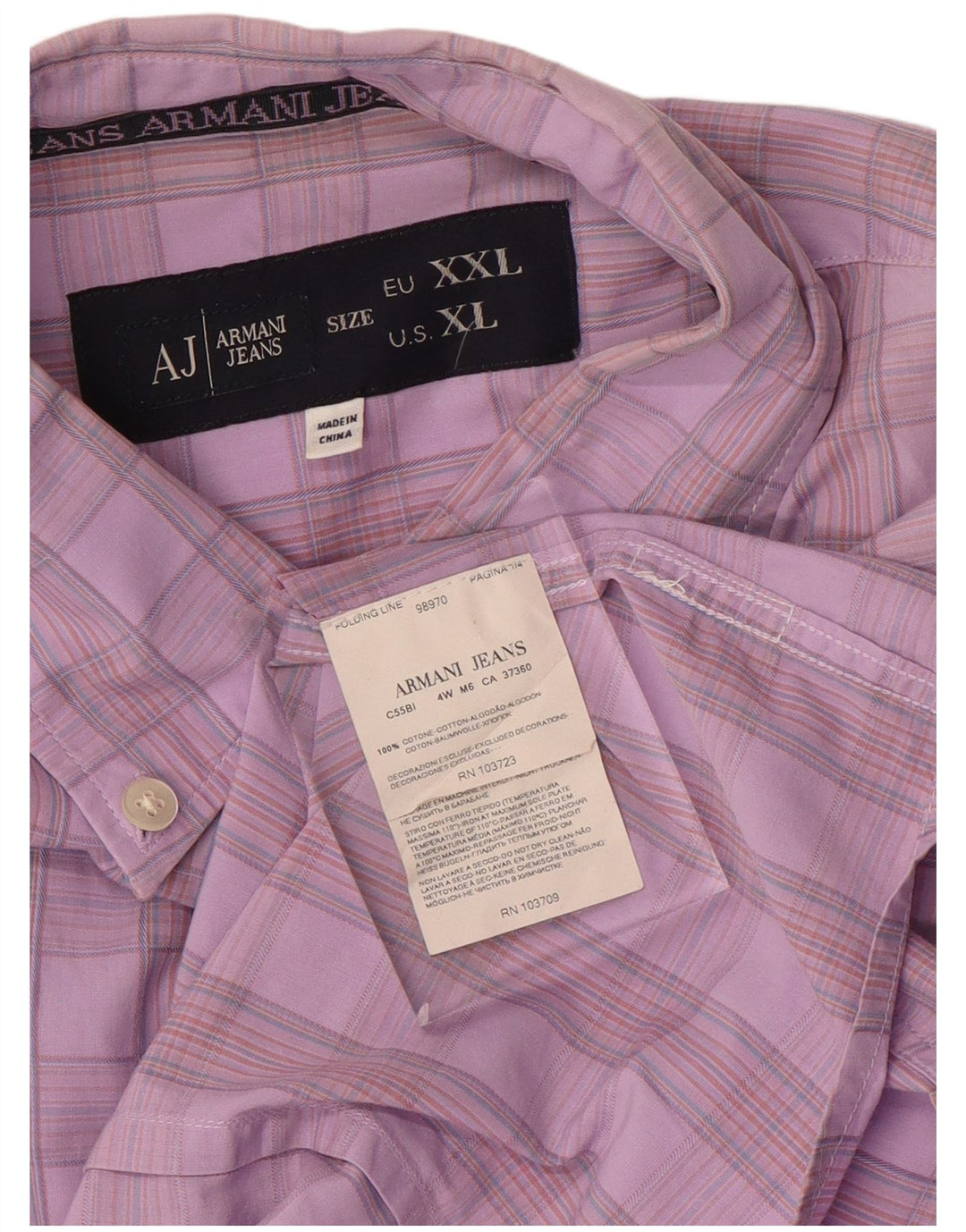 Camicia a maniche corte grafica da uomo Armani Jeans XL in cotone a quadri viola
