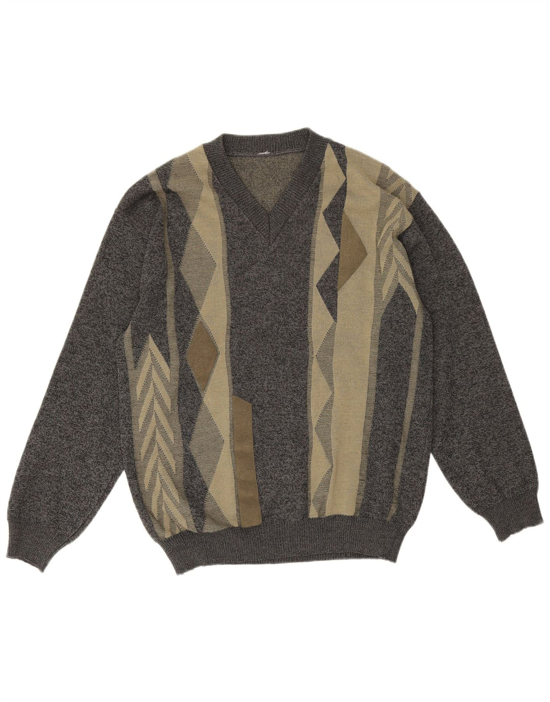 Maglione vintage da uomo con scollo a V in lana merino geometrica grigio medio