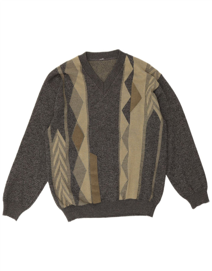 Maglione vintage da uomo con scollo a V in lana merino geometrica grigio medio