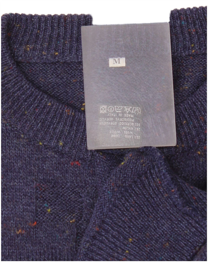 Maglione girocollo da uomo vintage in lana geometrica blu navy medio