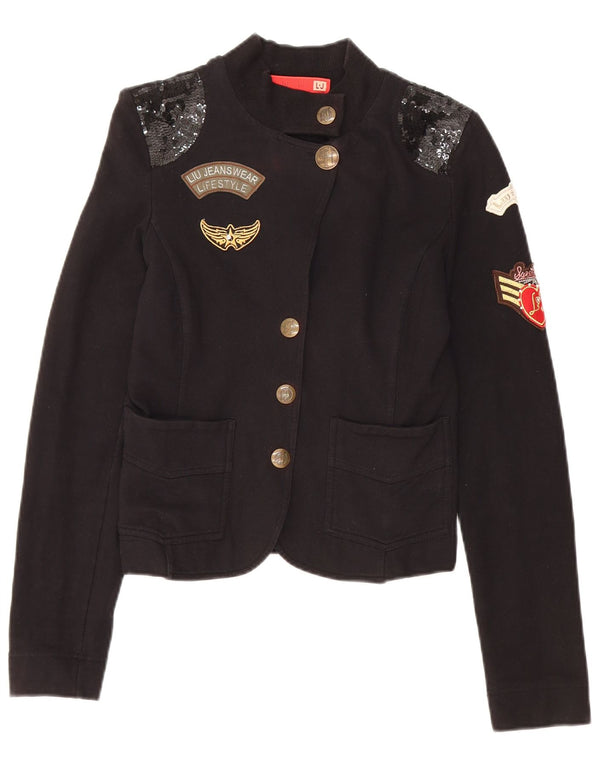 LIU JO Giacca blazer a 4 bottoni con grafica corta da donna UK 6 XS cotone nero