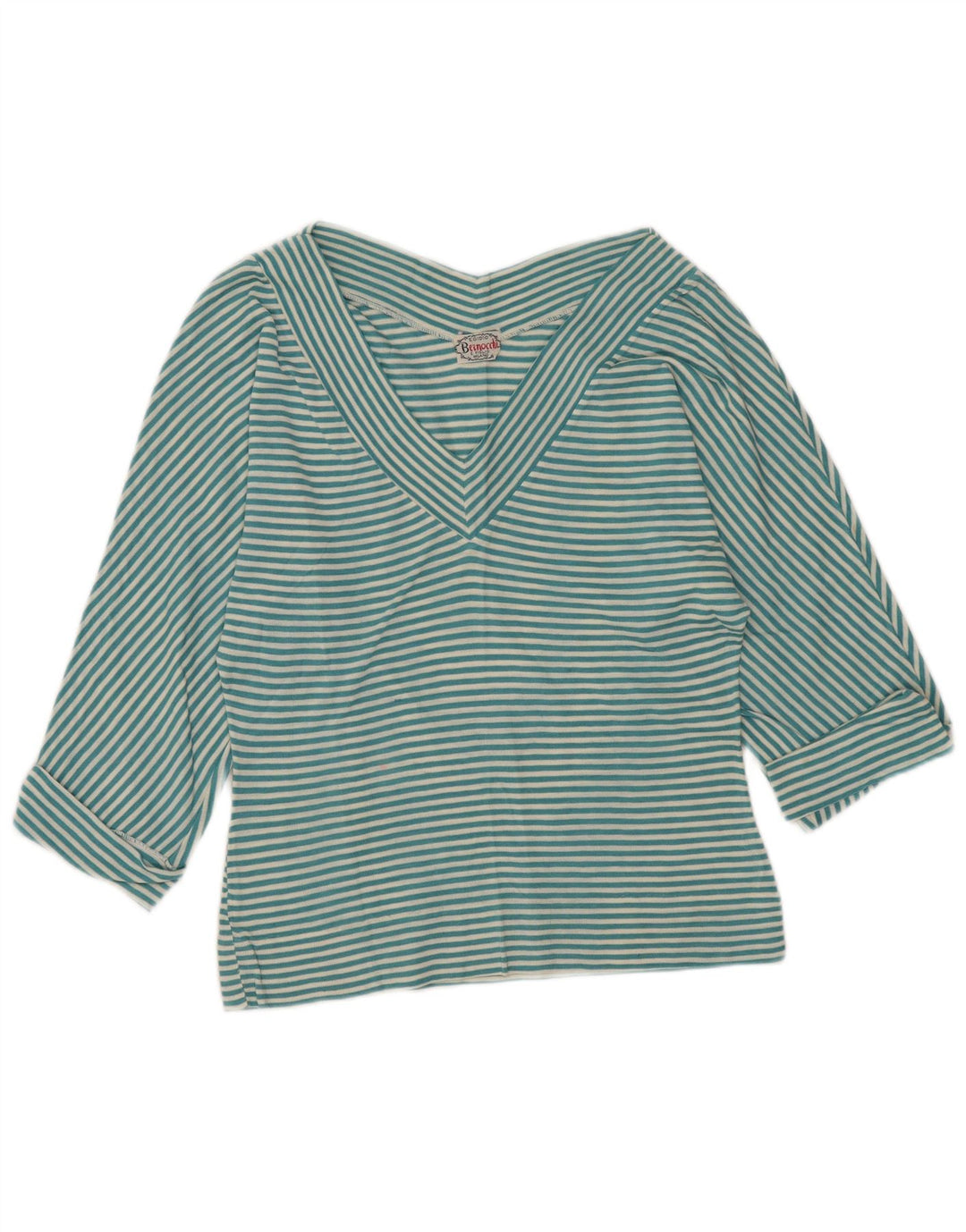 Top da donna vintage manica 3/4 UK 48 XL a righe turchesi