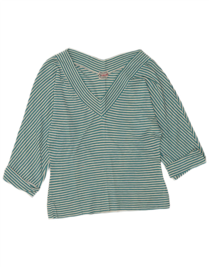 Top da donna vintage manica 3/4 UK 48 XL a righe turchesi