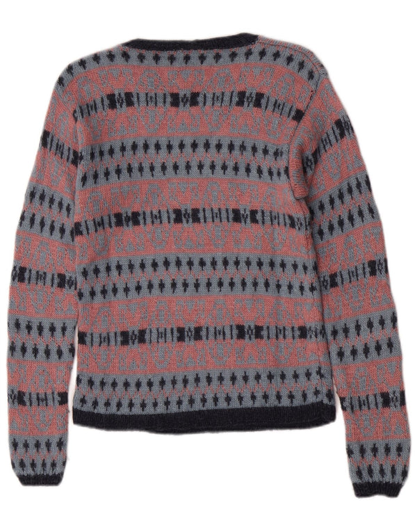 Maglione maglione girocollo da donna vintage UK 4 XS rosa Fair Isle retrò