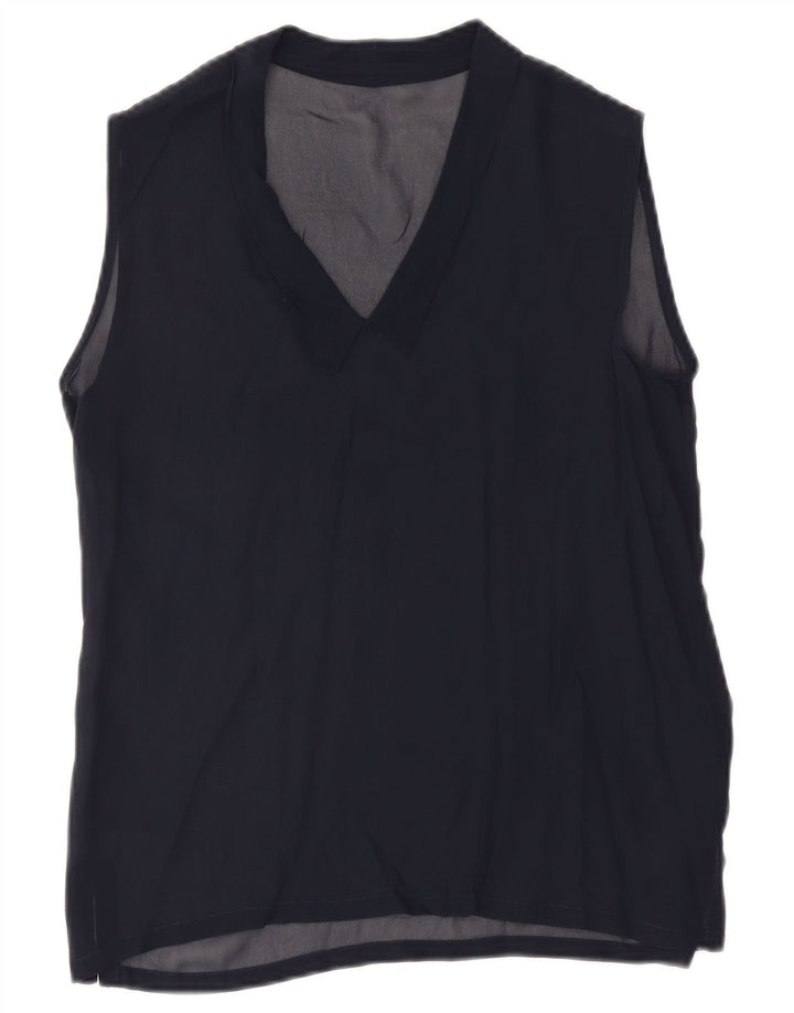 Top camicetta senza maniche vintage da donna UK 12 medio blu navy