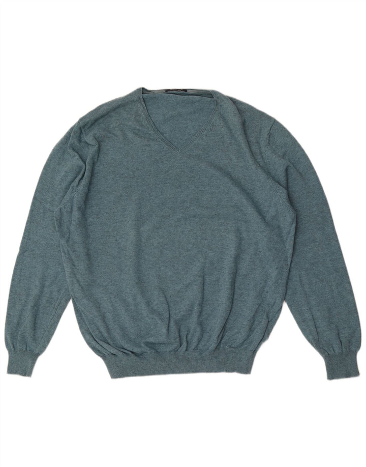 Massimo Dutti Maglione da uomo con scollo a V grande in cotone blu