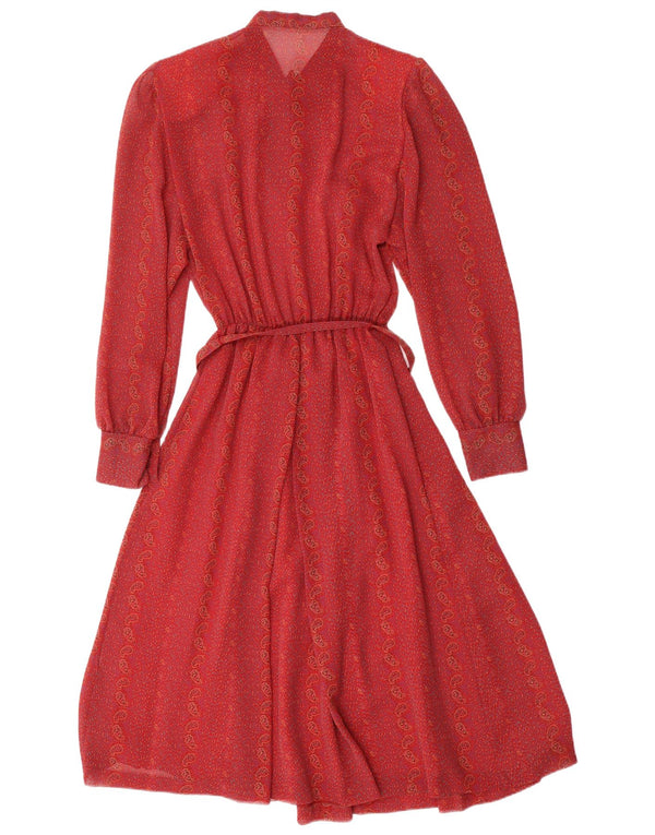 Abito a trapezio a maniche lunghe da donna vintage UK 12 Paisley rosso medio