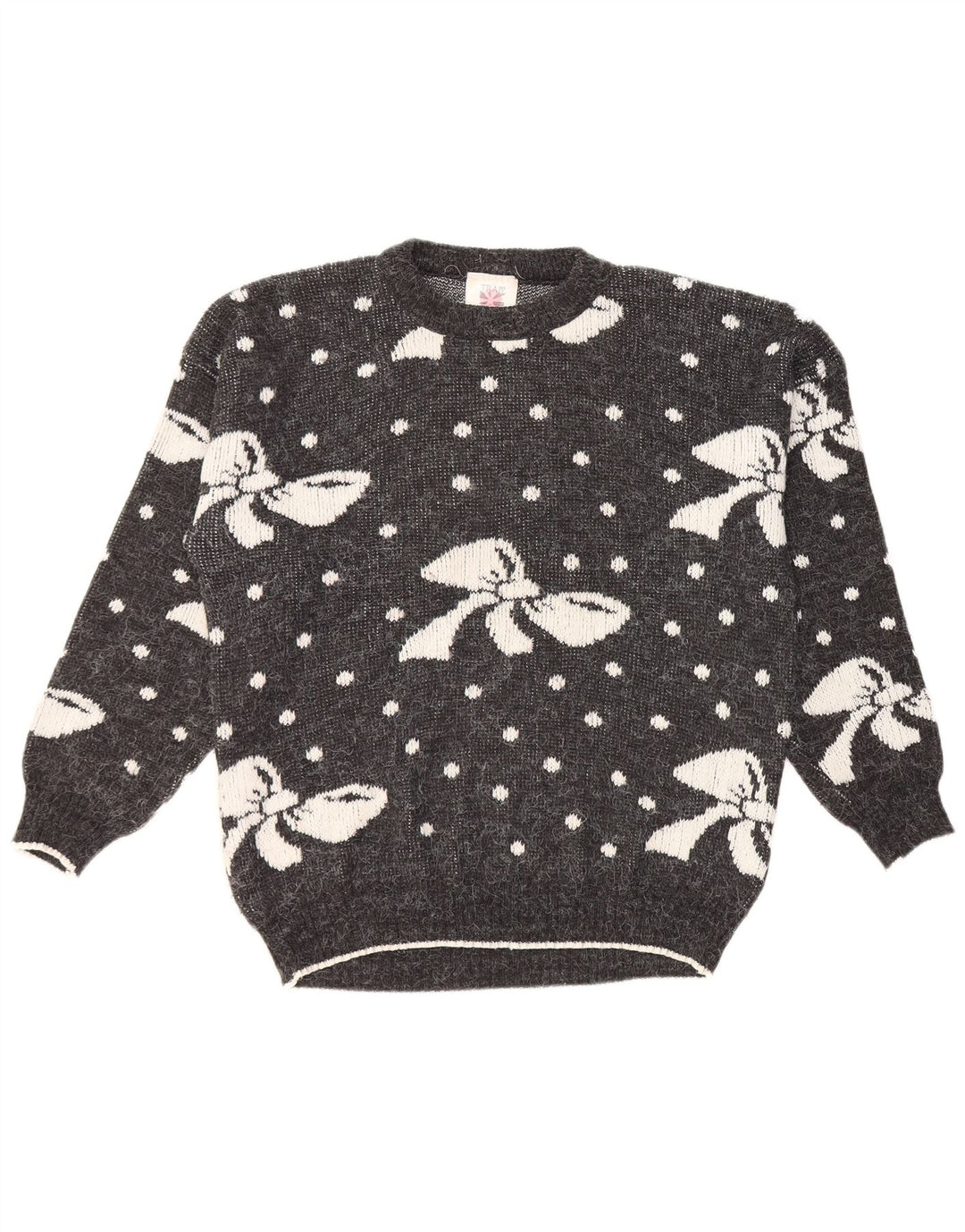 Maglione maglione girocollo da donna VINTAGE UK 16 grande acrilico maculato grigio