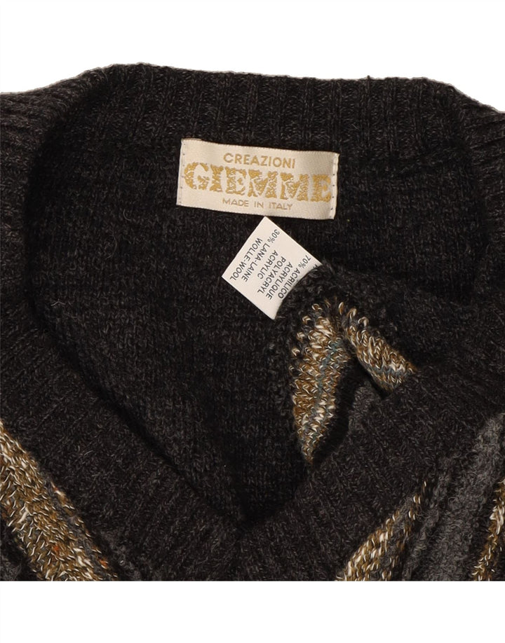 GIEMME Mens V-Neck Jumper Sweater XL Grey Striped Acrylic Vintage Giemme and Second-Hand Giemme from Messina Hembry 