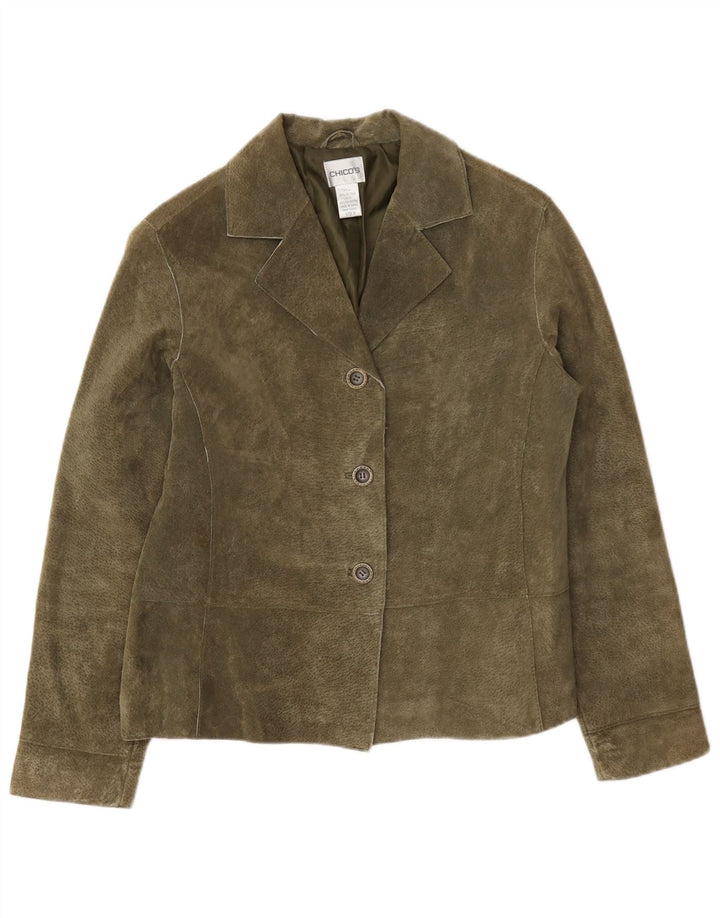 Giacca blazer oversize in pelle scamosciata a 3 bottoni da donna di Chico's US 0 XS in pelle kaki