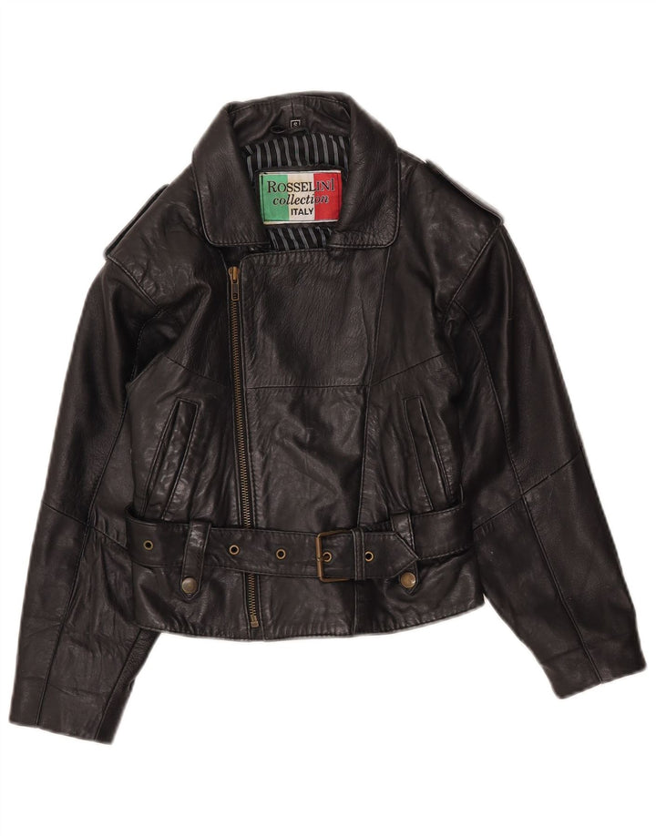 Giacca da motociclista in pelle corta da donna vintage UK 8 piccola in pelle nera