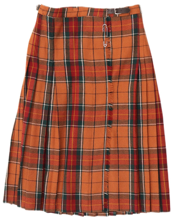 Gonna a portafoglio a pieghe vintage da donna UK 18 XL W28 lana vergine scozzese arancione