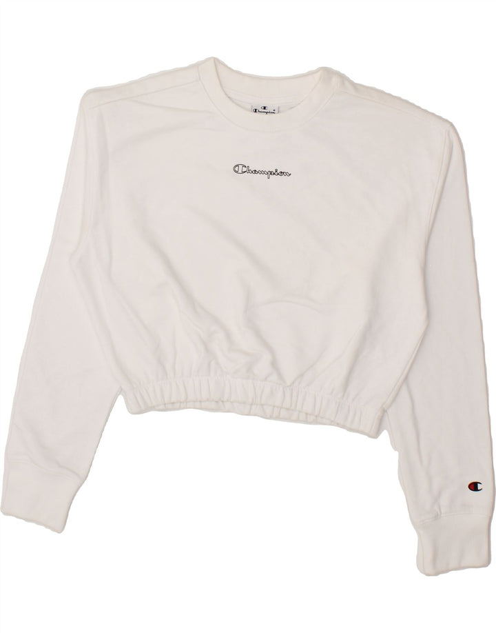CHAMPION Womens Crop Sweatshirt Jumper UK 14 Medium White Cotton Vintage Champion and Second-Hand Champion from Messina Hembry 