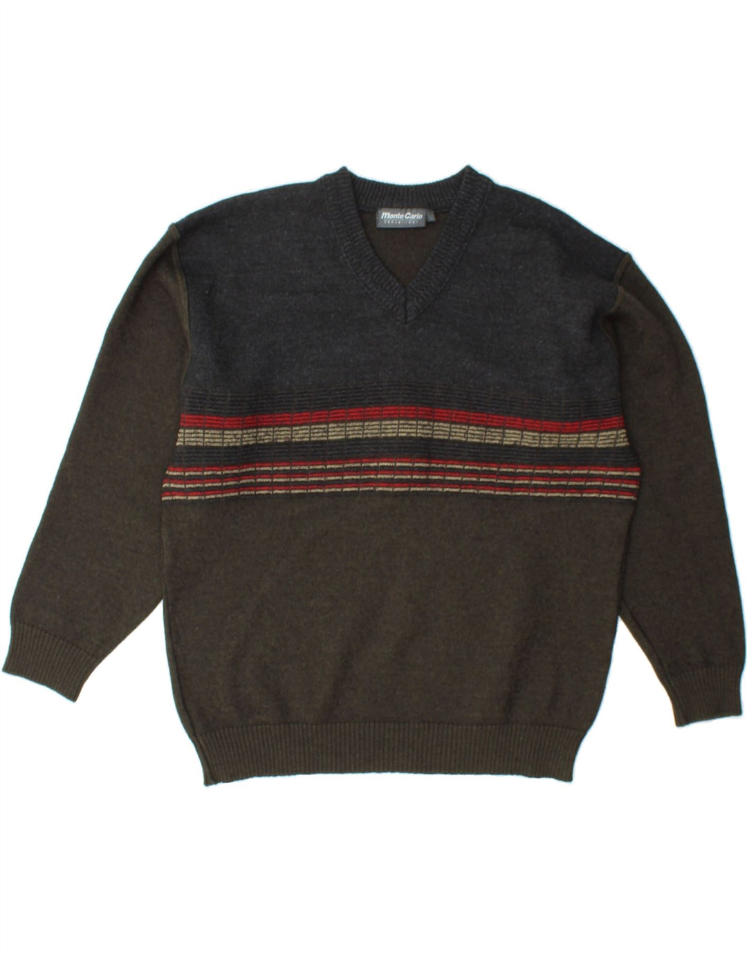 MONTE CARLO Womens V-Neck Jumper Sweater IT 52 2XL Grey Colourblock Wool Vintage Monte Carlo and Second-Hand Monte Carlo from Messina Hembry 