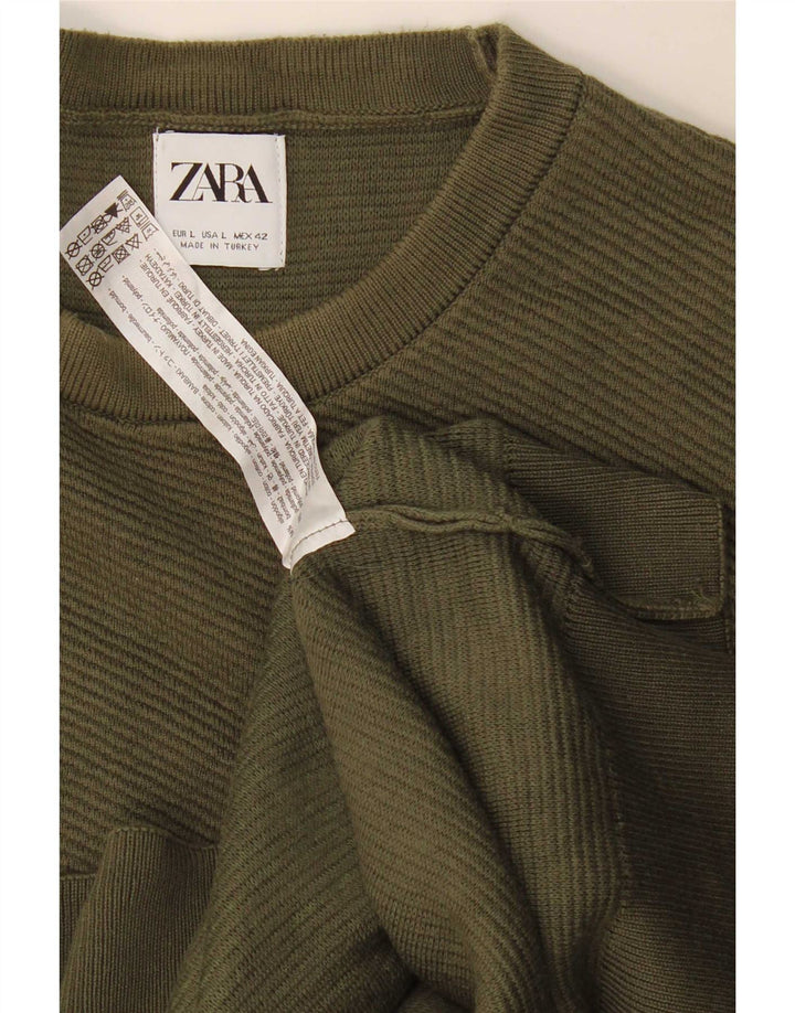 Maglione maglione girocollo da uomo Zara grande in cotone kaki