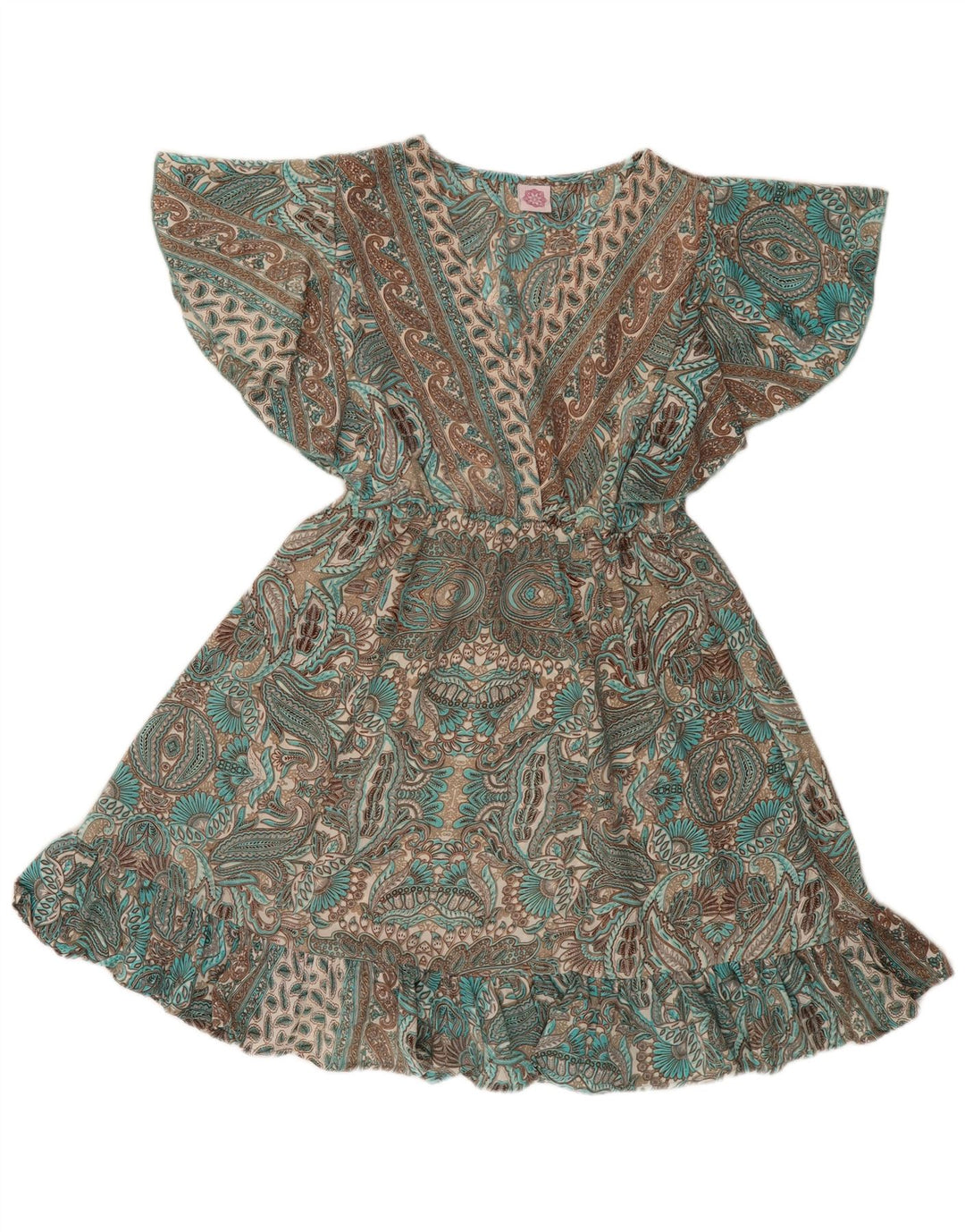 Abito impero vintage da donna UK 12 Poliestere Paisley verde medio
