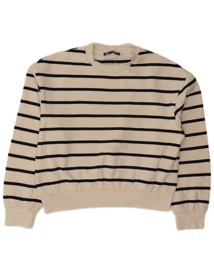 Felpa corta da donna Zara, maglione UK 14, cotone a righe bianche medie