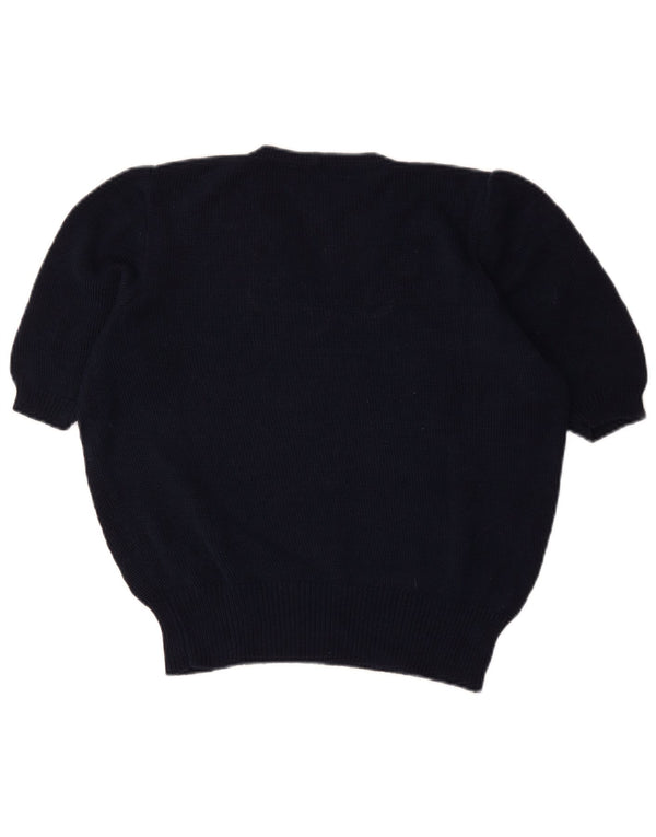 Maglione vintage da donna a maniche corte con scollo a barca UK 16 grande blu navy