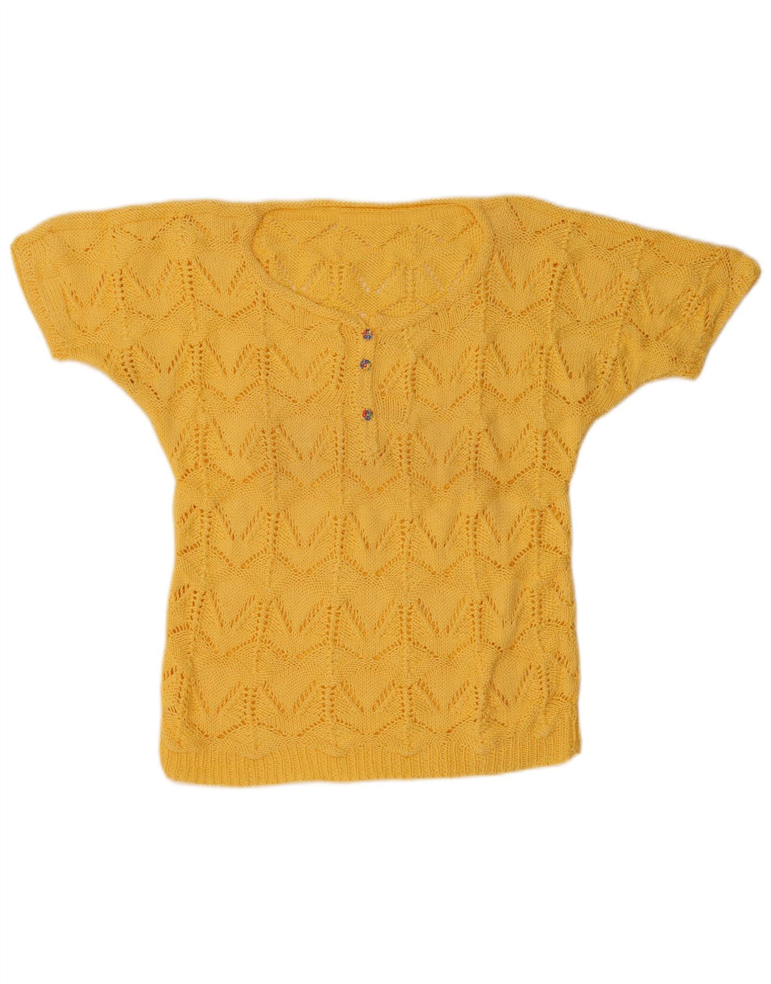 Maglione vintage da donna a maniche corte con collo a bottoni UK 14 Giallo medio