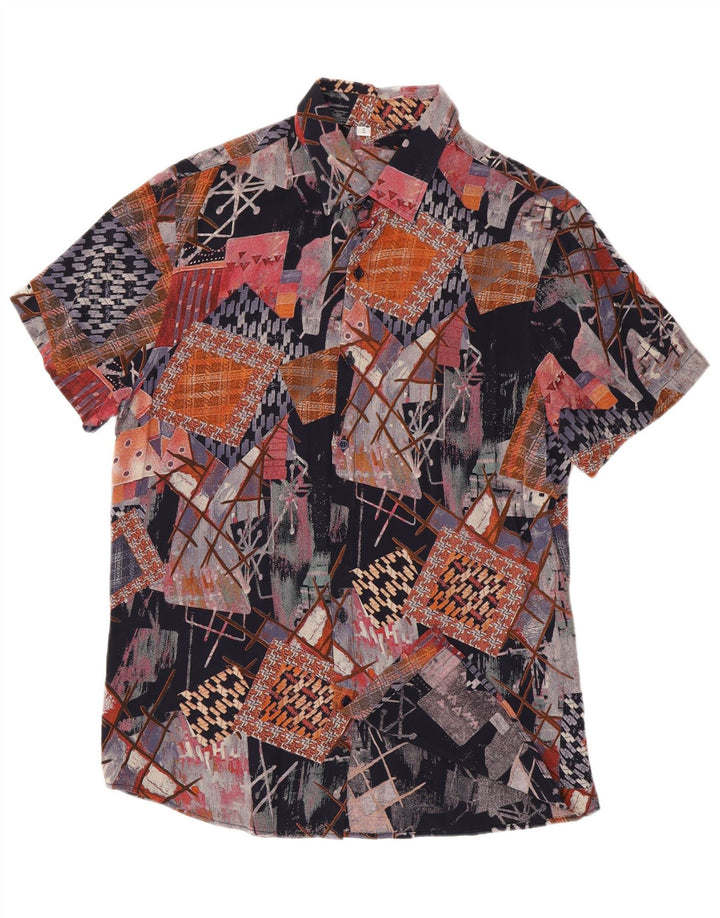 Camicia vintage da uomo a maniche corte piccola in viscosa geometrica multicolore