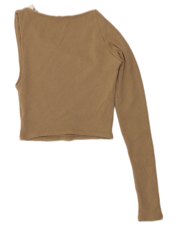Zara Top corto da donna monospalla a maniche lunghe UK 8 piccolo in cotone beige