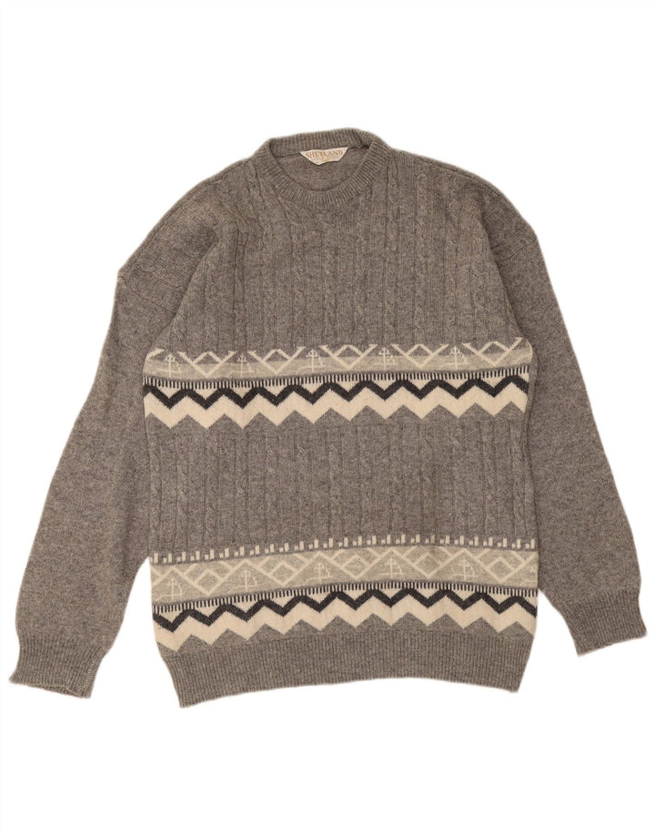 Maglione girocollo da uomo vintage in lana geometrica grigio medio