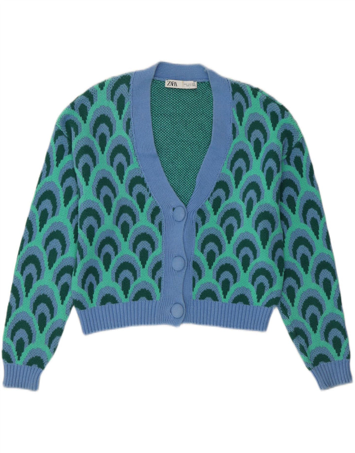 Maglione cardigan oversize da donna Zara UK 10 piccolo turchese geometrico